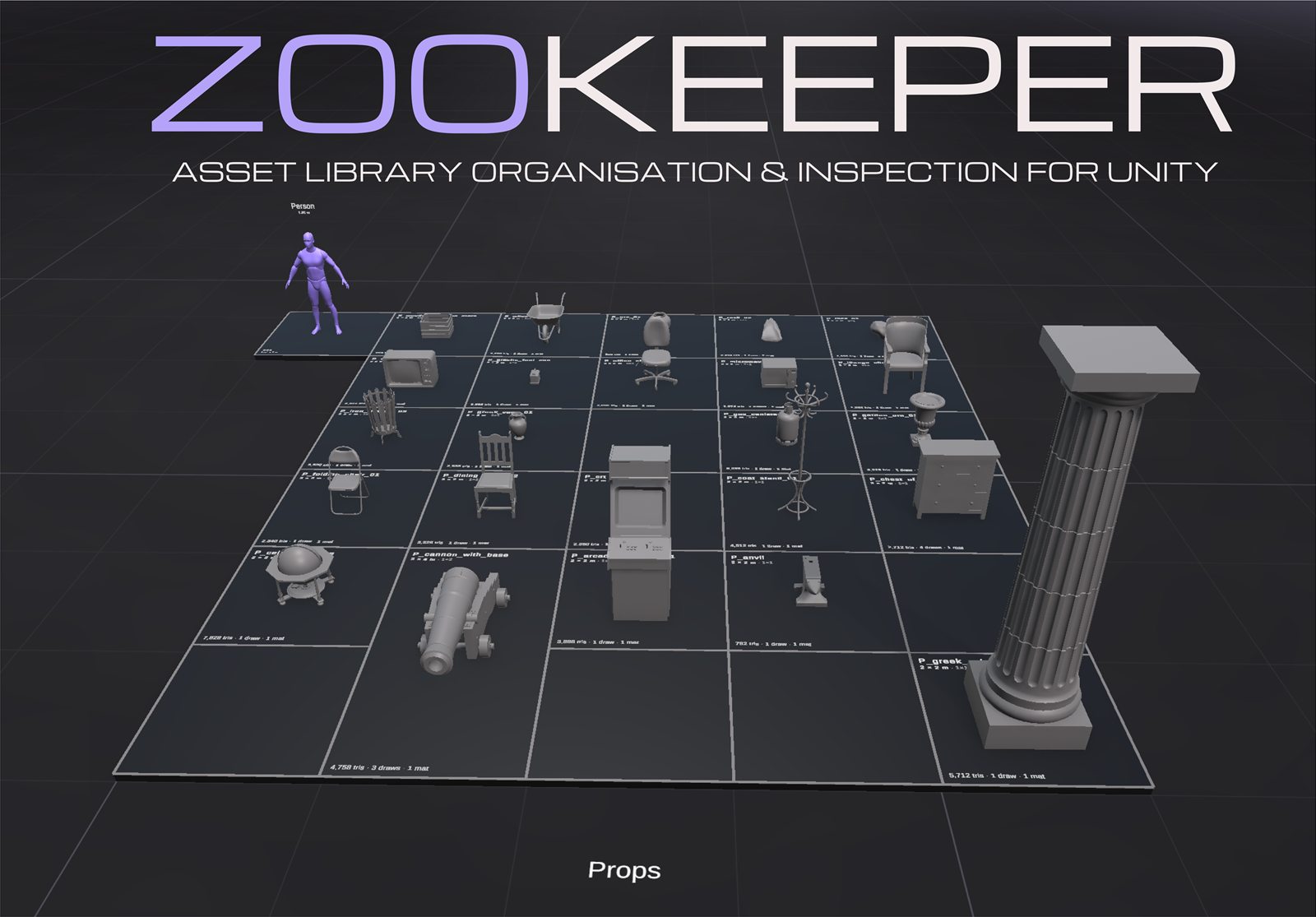 ZooKeeper zoo scene: props arranged on a labelled grid platform next to a purple human scale reference.