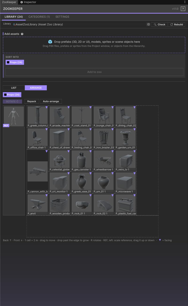 ZooKeeper window, Library tab, arrange view: asset thumbnails on a draggable grid next to the scale reference.