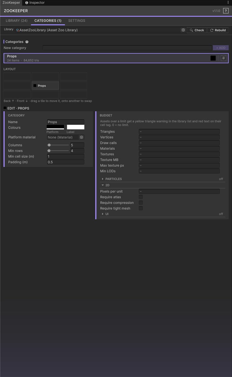 ZooKeeper window, Categories tab: category layout, colours and budget limits for triangles, draw calls and textures.