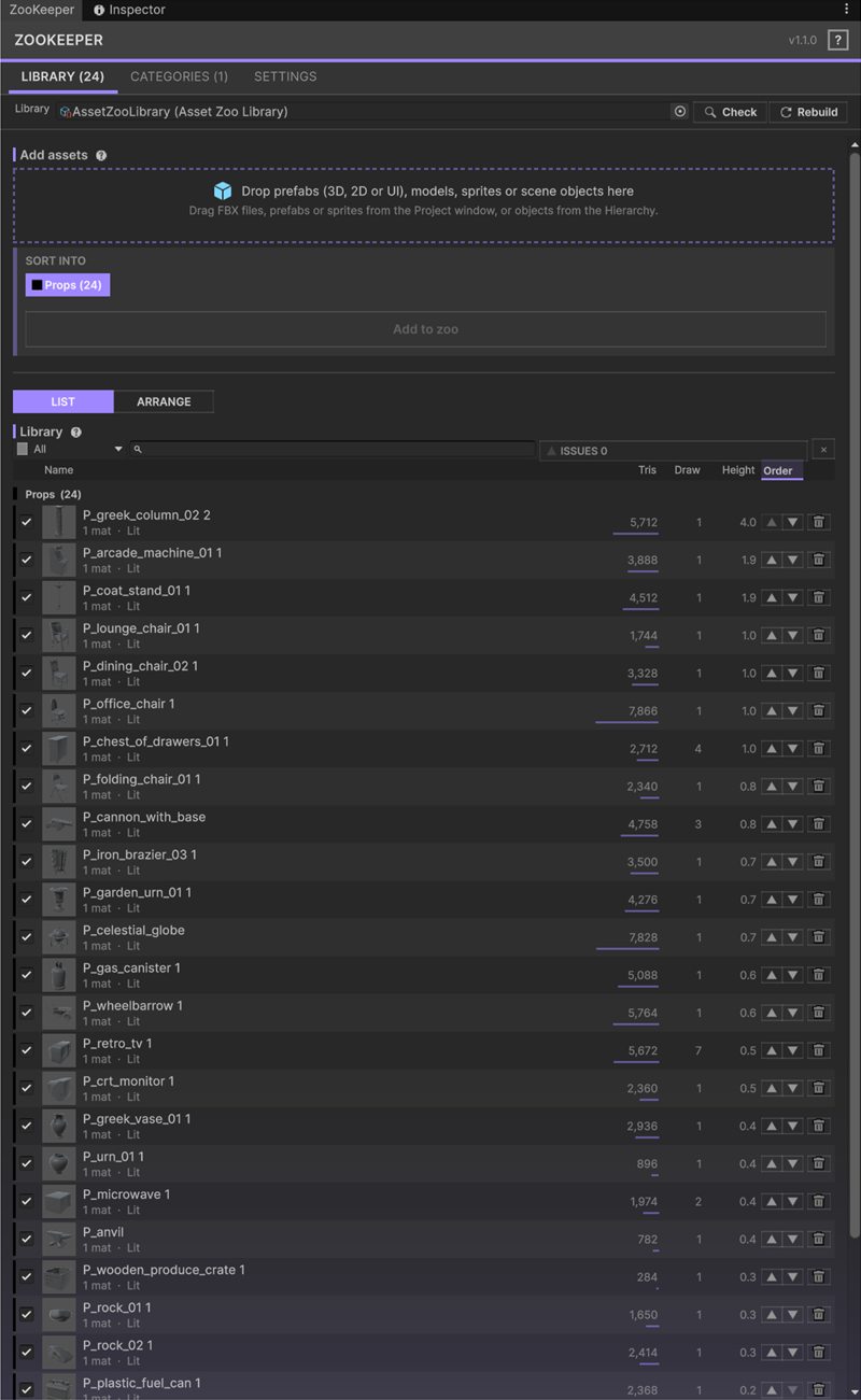 ZooKeeper window, Library tab, list view: every asset with triangle count, draw calls and height.