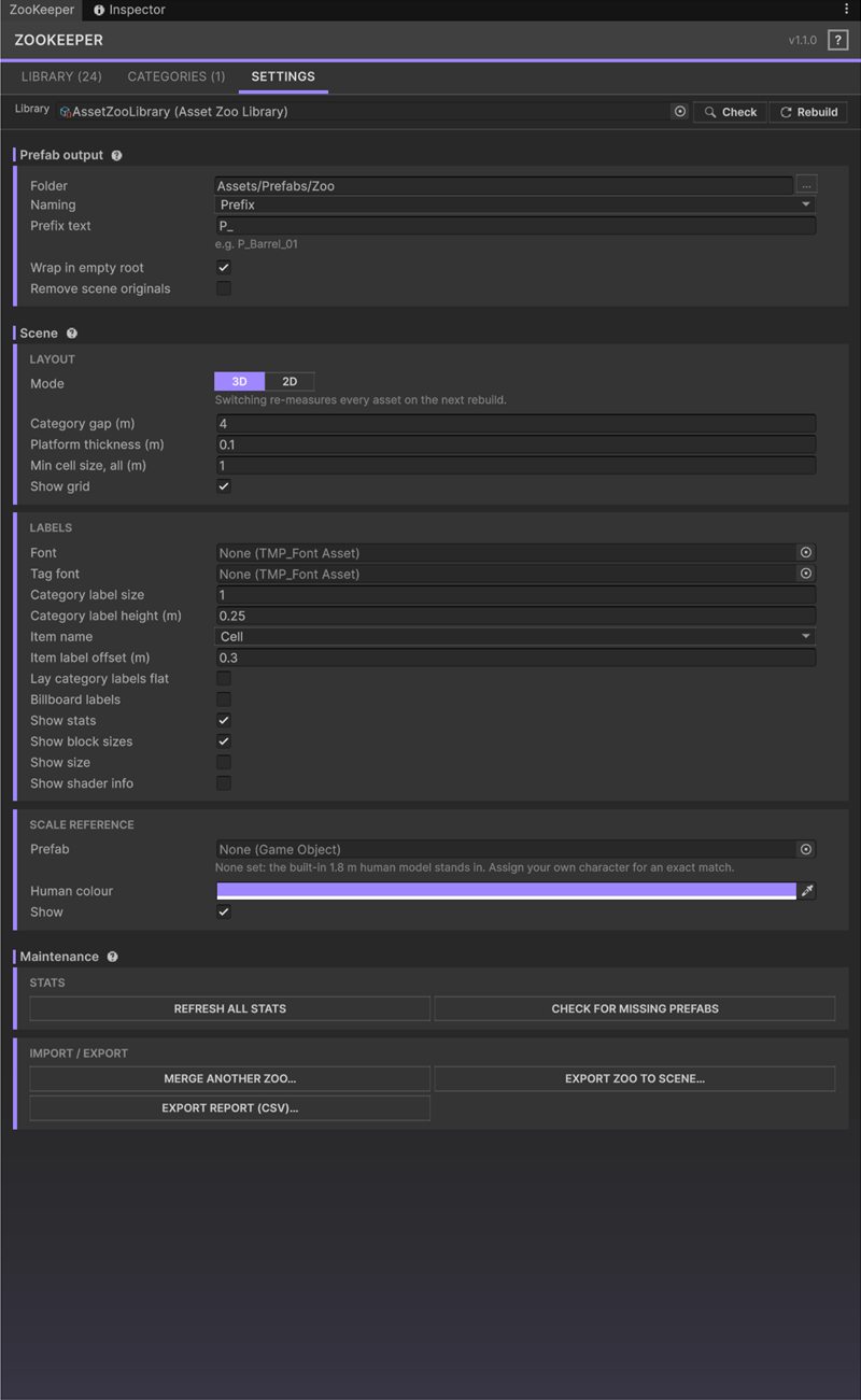 ZooKeeper window, Settings tab: prefab output, 3D and 2D scene mode, label options and import and export buttons.
